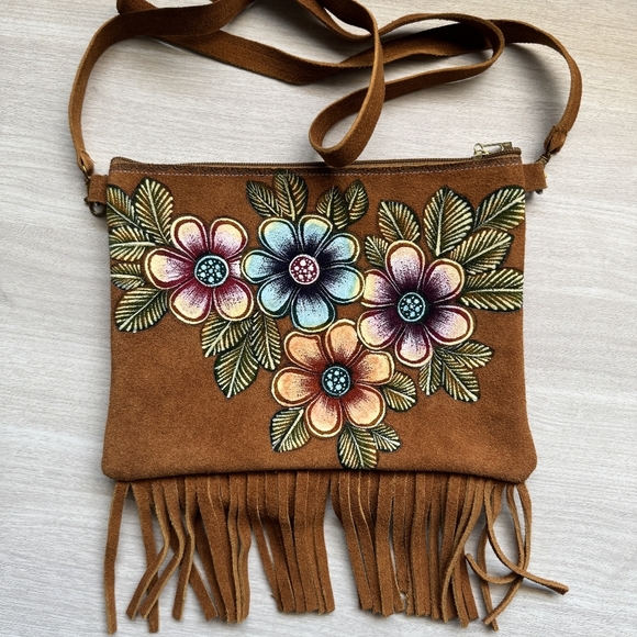 None Handbags - Handmade suede leather crossbody floral tan fringe bag.